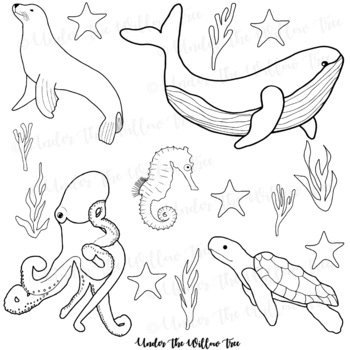 Sea Creatures - Under The Sea - Ocean Animals - Clip Art - Black & White
