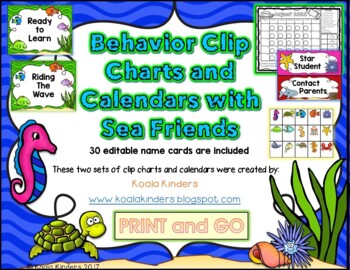 Preview of Sea Friends Behavior Clip Charts and Calendars PRINT and GO BUNDLE 2023-2025