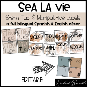 Preview of Sea La Vie - STEM Tub & Math Manipulative Labels - English & Spanish bundle
