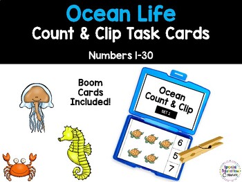 Preview of Ocean Math Count & Clip 1-30 Task Cards with Digital Included