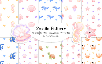 Preview of Sea Life digital paper, Under the Sea seamless pattern, Sea Life Background