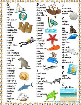 Sea/Ocean Vocabulary Student Printable Word Bank/List