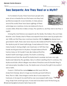 Preview of Sea Serpents: Are They Real or a Myth? Comprehension and Essay Response