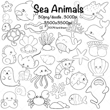 Preview of Sea animals Clipart, Sea life Clipart, Ocean Animal, Marine, undersea, doodles