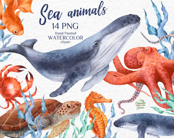 Preview of Sea animals. Whale, crab, goldfish, seahorse, turtle, octopus, seagrass