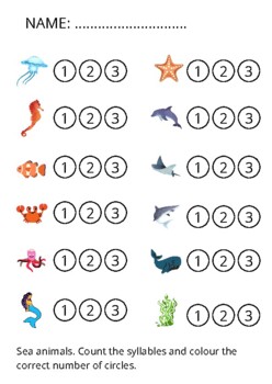 Sea animals syllable count by Maria Ce worksheets | TpT