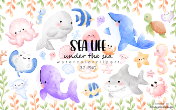 Preview of Sea life clipart, Marine Life watercolor clipart, Cute Fish Clipart