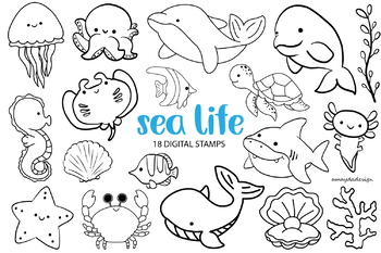 Sea life digital stamp, Sea Fish clipart, Sea life outline, animal Printable