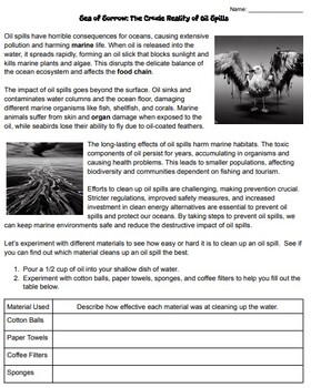 Preview of Sea of Sorrow: The Crude Reality of Oil Spills Worksheet and Experiment