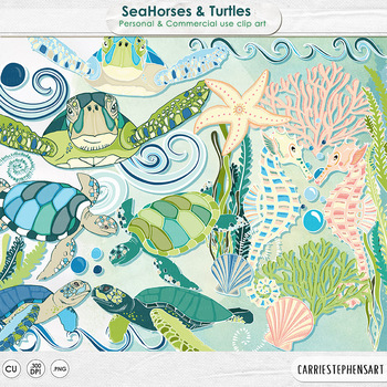 Preview of Sea Creatures Clip Art SeaHorse & Turtle ClipArt, Ocean Animals, Under the Sea