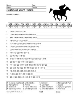 seabiscuit word search and vocabulary puzzle activity worksheets