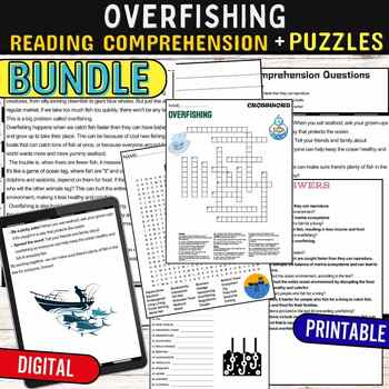 Preview of Overfishing Reading Comprehension Puzzles,Digital &Print BUNDLE