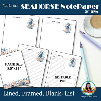 Preview of Seahorse Stationery,  Editable Notepaper Pages, Digital Planner, Lined