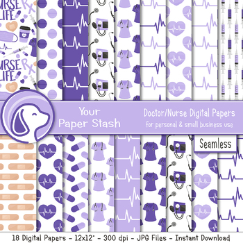 Preview of Seamless Purple Scrub Life School Nurse Digital Paper Background Patterns 12x12