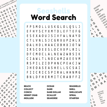 Seashells - A Summer Word Search Puzzle Worksheet Activity For Kids