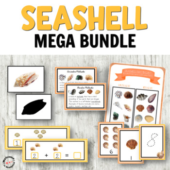 Preview of Seashells activities bundle with Montessori printables! Math, language, & more!