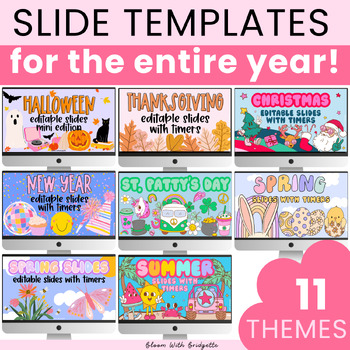 Preview of Seasonal Classroom Slide Templates with Timers Bundle | Year Long Bundle Vol. 3
