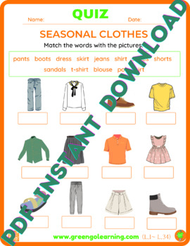 Preview of Seasonal Clothes / ESL PDF QUIZ / (easy assessment)