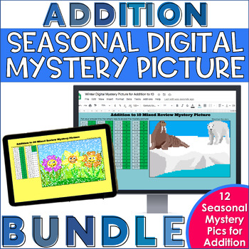Preview of Seasonal Digital Mystery Picture BUNDLE for Addition to 20 Virtual Snow Day Math