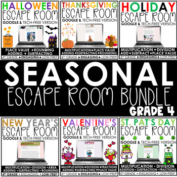 Preview of Seasonal Math Escape Room Bundle | 4th Grade 