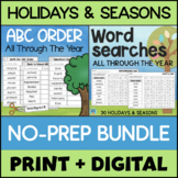 ABC Order Worksheets & Word Search BUNDLE 30 Holidays & Seasons
