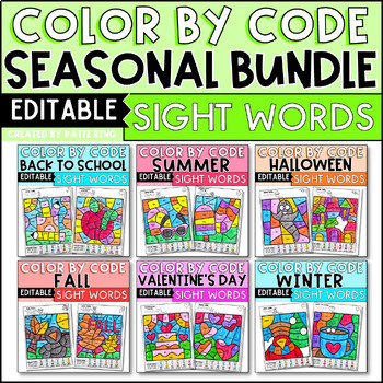 Preview of Seasonal Kindergarten Sight Word Practice Bundle | Editable Color by Code