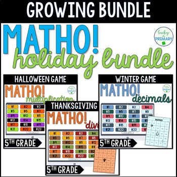 Preview of Seasonal MATHO Math Bingo Growing Bundle for 5th Grade | Holiday Math Bundle