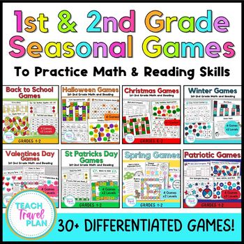 Preview of Seasonal Math & Reading Games Bundle - 1st Grade Games - 2nd Grade Games