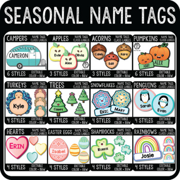 Preview of Seasonal Name Tags Bundle, Holiday Printable Cubby Tags, Theme Classroom Labels