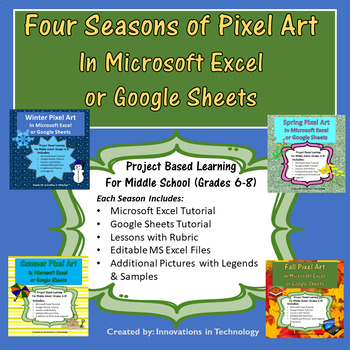 Preview of Seasonal Pixel Art in MS Excel or Google Sheets - Winter, Spring, Summer & Fall