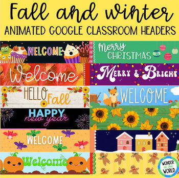 Preview of Seasonal animated Google Classroom headers for fall and winter BUNDLE