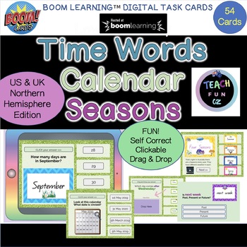 Preview of Seasons Calendar Days Time Digital Learning Cards Boom Deck US UK Version 54pg