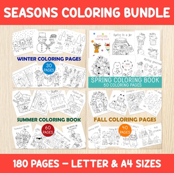 Preview of Seasons Coloring Pages BUNDLE, Winter, Spring, Summer, Fall Coloring, No Prep