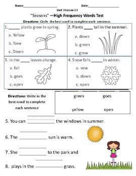Preview of Seasons - Vocabulary & Comprehension Test/Quiz (Journeys)