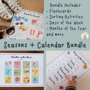 Preview of Seasons Weather Calendar Bundle - Flashcards and Activities & BONUS