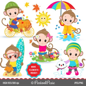 Preview of Seasons clipart, monkeys clipart, four seasons, spring, summer, autumn, winter