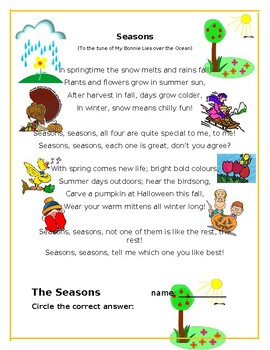 Seasons song and question sheet by Fredrick Larson | TPT