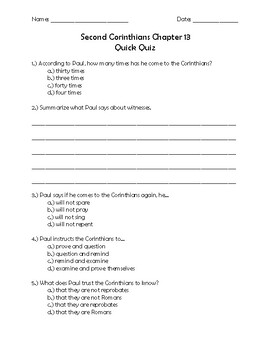 Preview of Second Corinthians Chapter 13 Quick Quiz