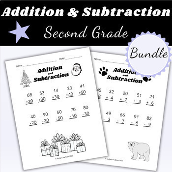 Preview of Second Grade Addition Subtraction Seasonal and Holiday Theme Math Worksheets