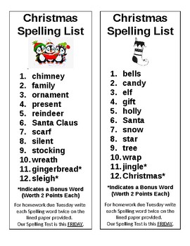 Preview of Christmas Spelling List (Editable)