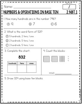 Second Grade Common Core Math Assessments 2.NBT.1-4 by Berry Creative