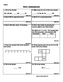 Preview of Second Grade Common Core Math Unit Tests 1&2