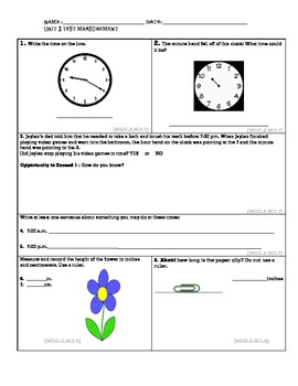 Preview of Second Grade Common Core Math Unit Three Measurement Worksheets and Test