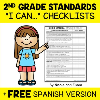 Preview of Second Grade Common Core Standards I Can Statement Checklists 1 + FREE Spanish