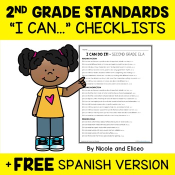 Preview of Second Grade Common Core Standards I Can Statement Checklists 2 + FREE Spanish