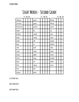 2nd grade dolch sight words assessment