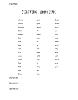 2nd grade dolch sight words assessment