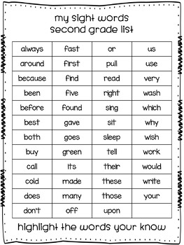 4th grade sight words assessment