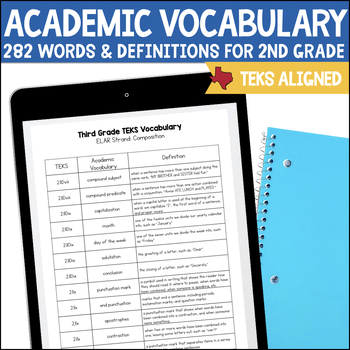 Preview of Second Grade RLA TEKS Academic Vocabulary List & Definitions