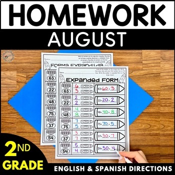 Preview of Second Grade Homework - August (English and Spanish Directions)